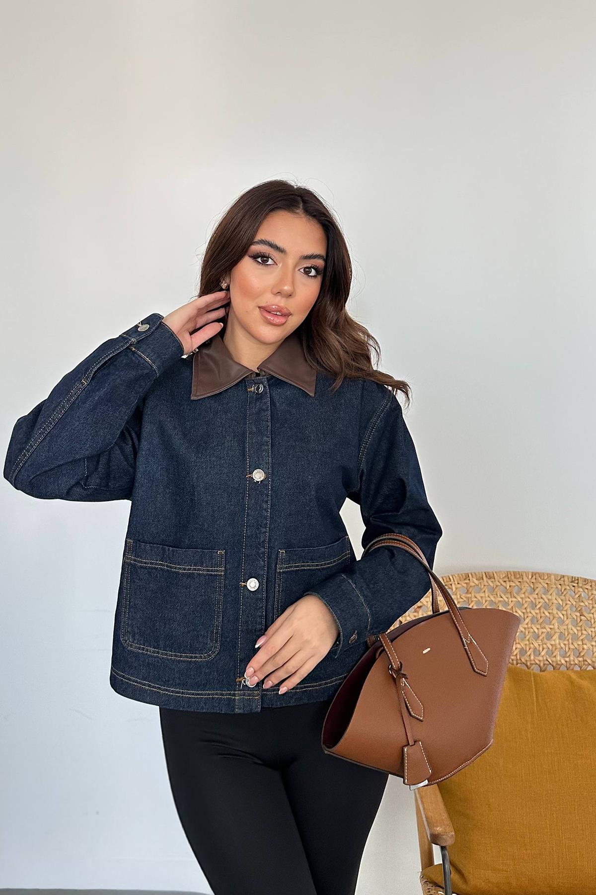 Toptan Mavi Deri Garnili Kot Ceket