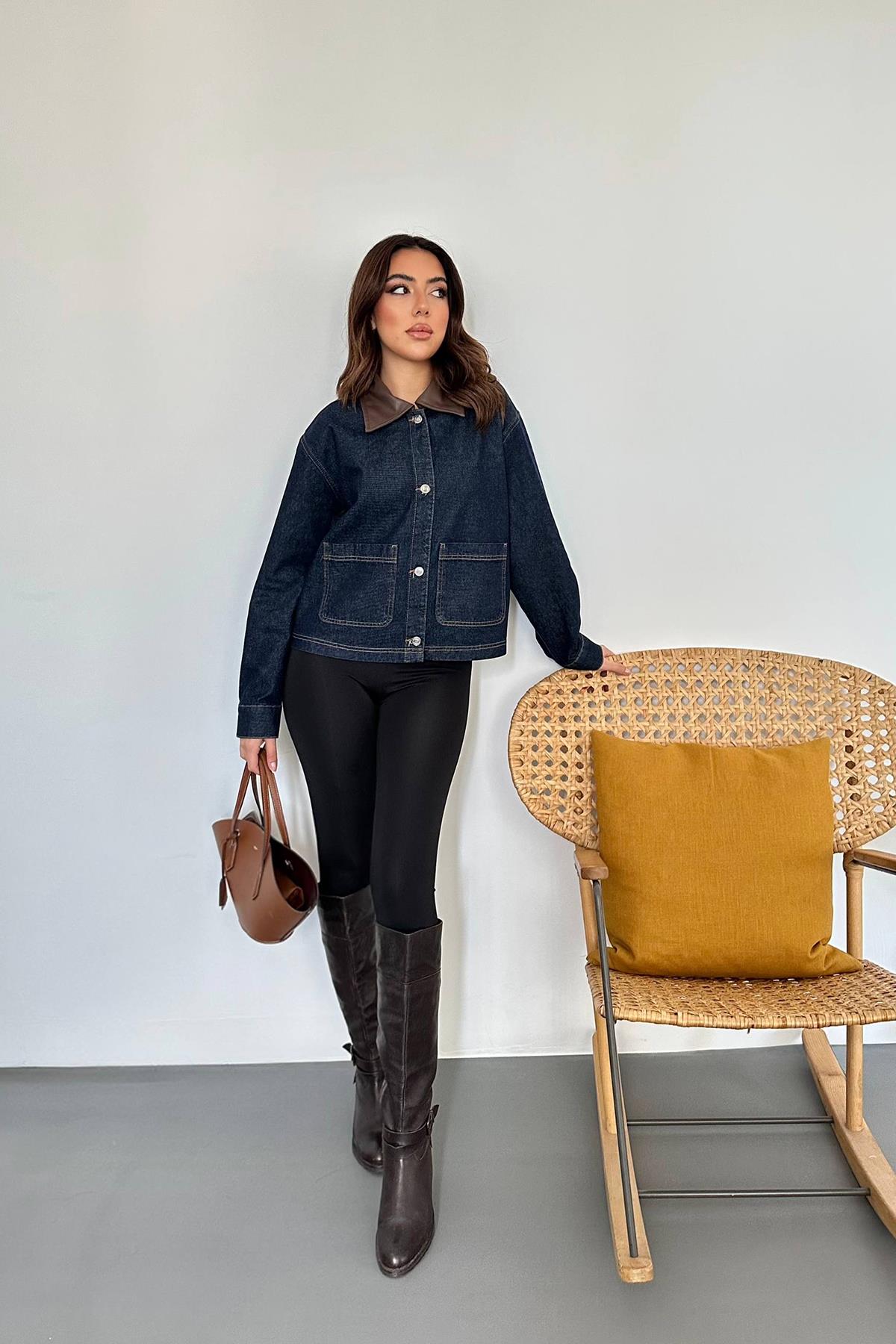 Toptan Mavi Deri Garnili Kot Ceket