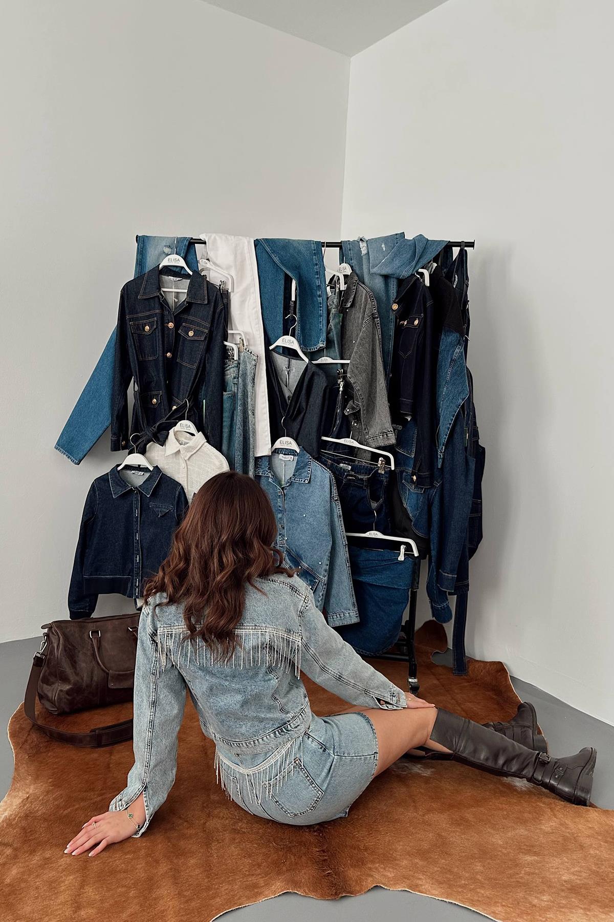 Toptan Mavi Işıltılı Kot Ceket Takım