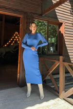 Toptan Mavi Kolları Örgülü Triko Elbise