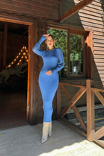 Toptan Mavi Kolları Örgülü Triko Elbise