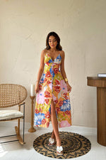 Toptan Mavi Sırt Dekolteli Keten Elbise