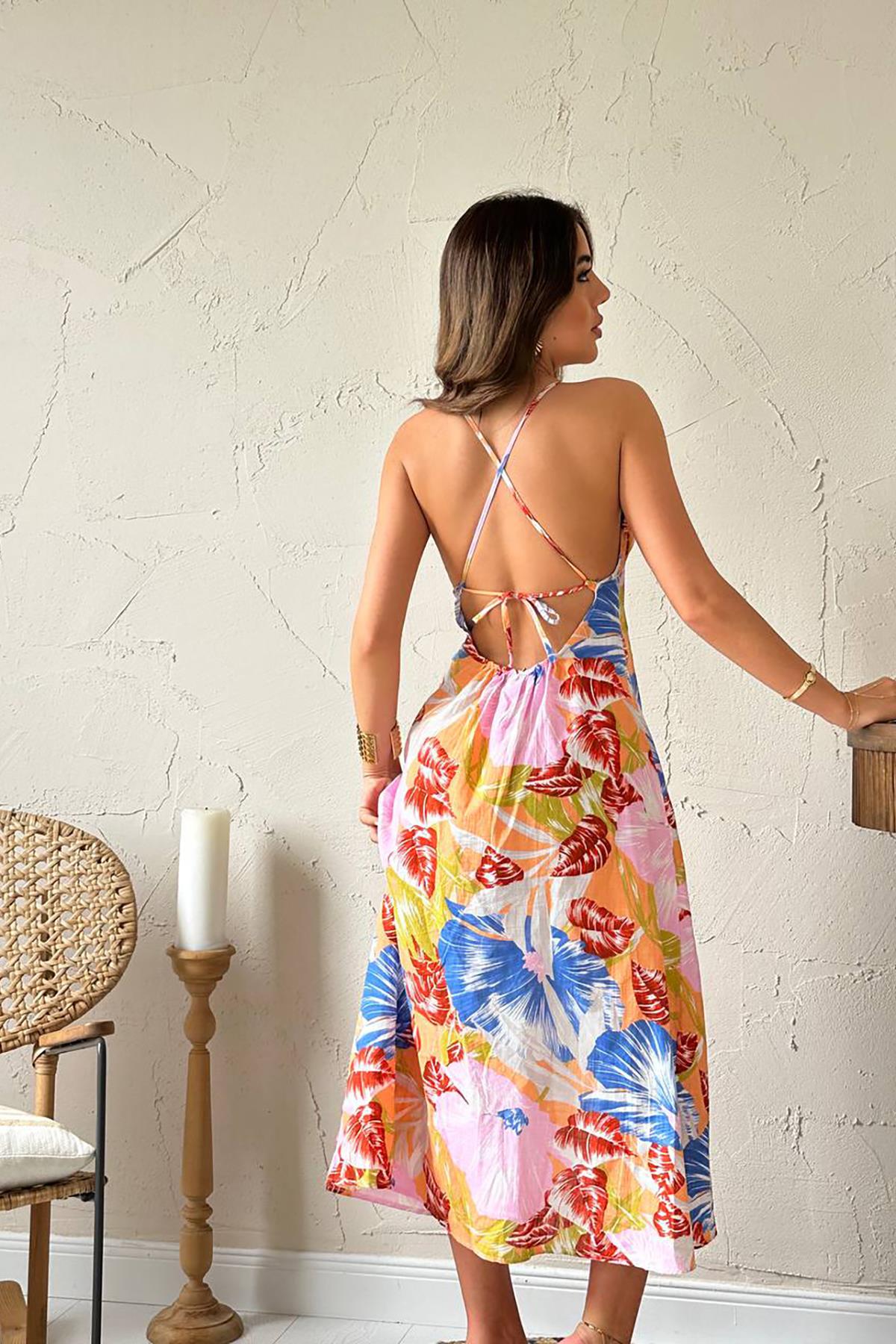 Toptan Mavi Sırt Dekolteli Keten Elbise