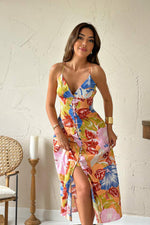 Toptan Mavi Sırt Dekolteli Keten Elbise