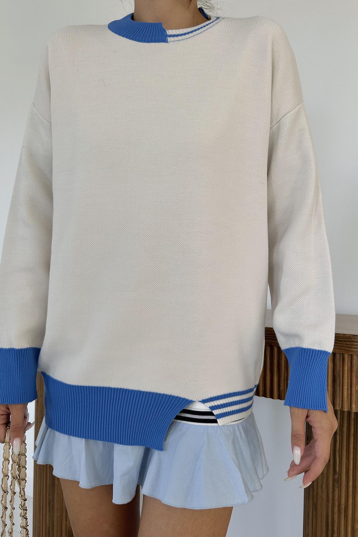 Toptan Mavi Yaka Ve Manşet Garnili Triko Kazak