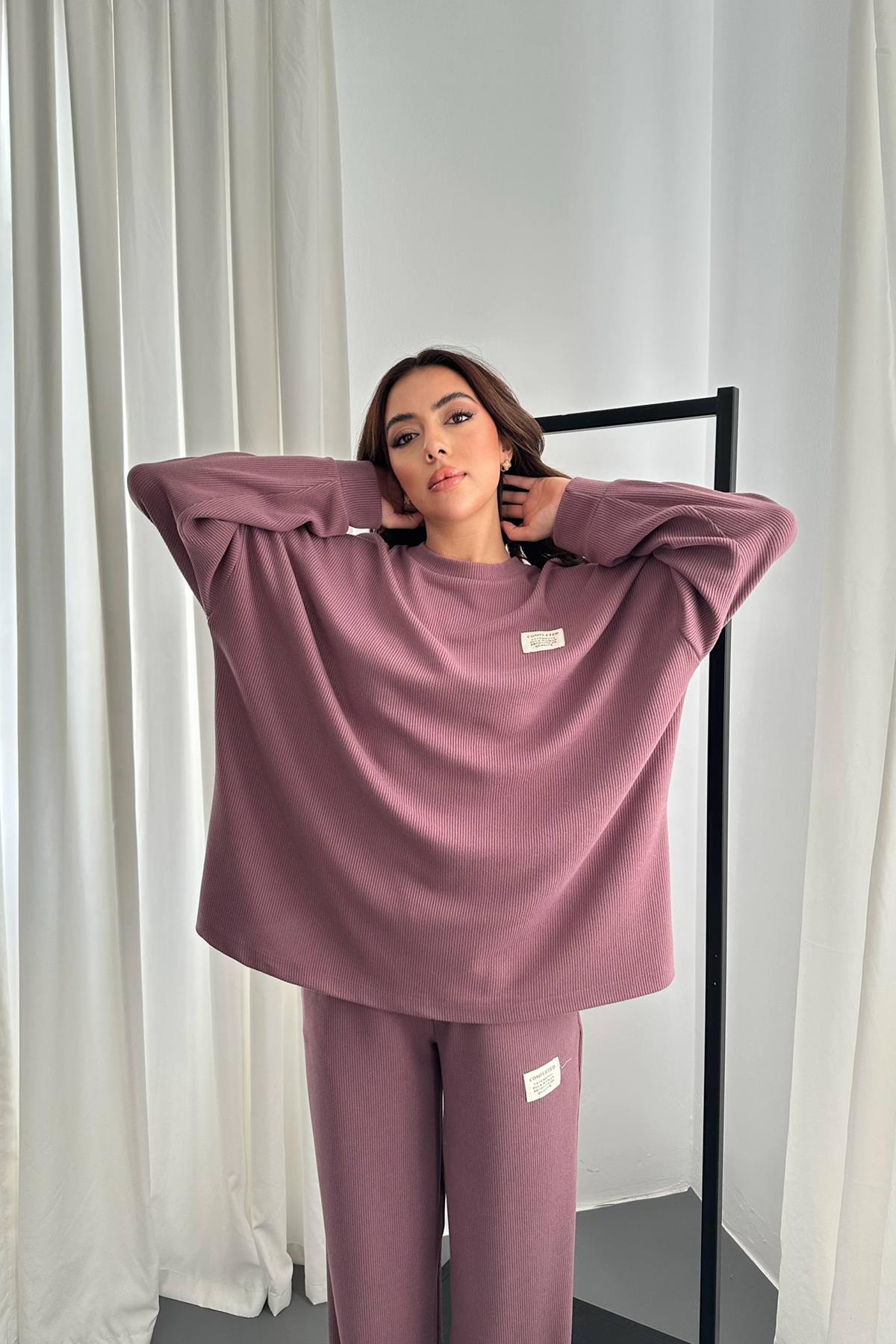 Toptan Mor Klasik Fitilli Kazak Ve Pantolon Takım