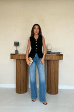 Toptan Siyah Belden Oturtma Detaylı Düğmeli Yelek