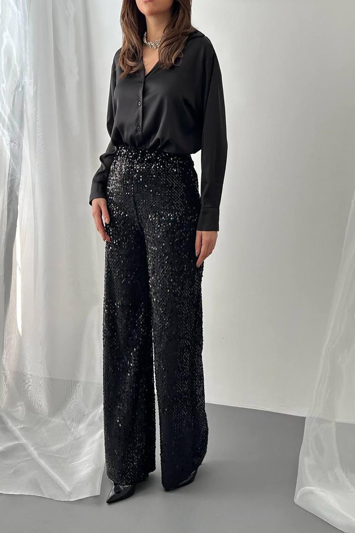 Toptan Siyah Beli Lastikli Pullu Pantolon