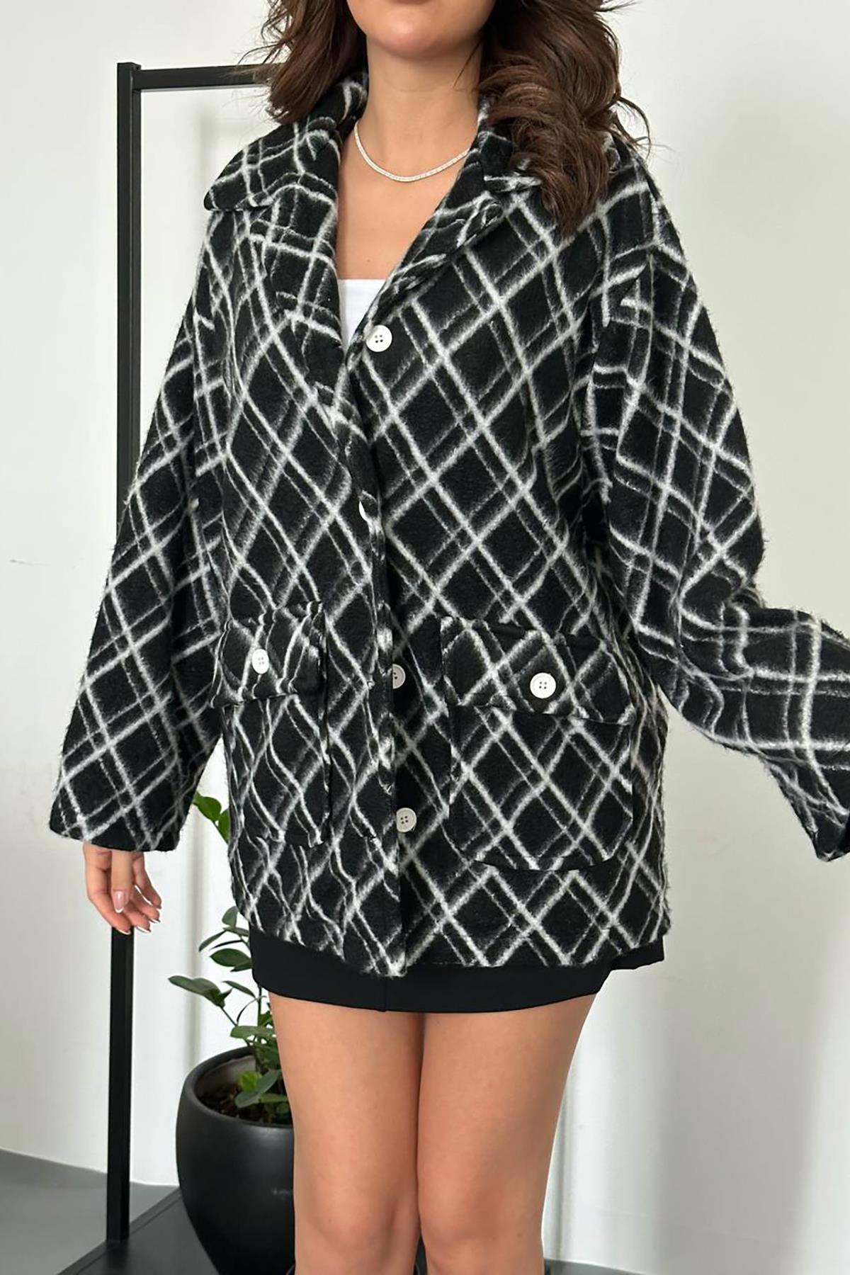 Toptan Siyah Polar Baklava Ekose Ceket