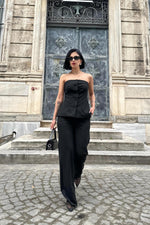 Toptan Siyah Straplez Düğmeli Crop Ve Pantolon Takım