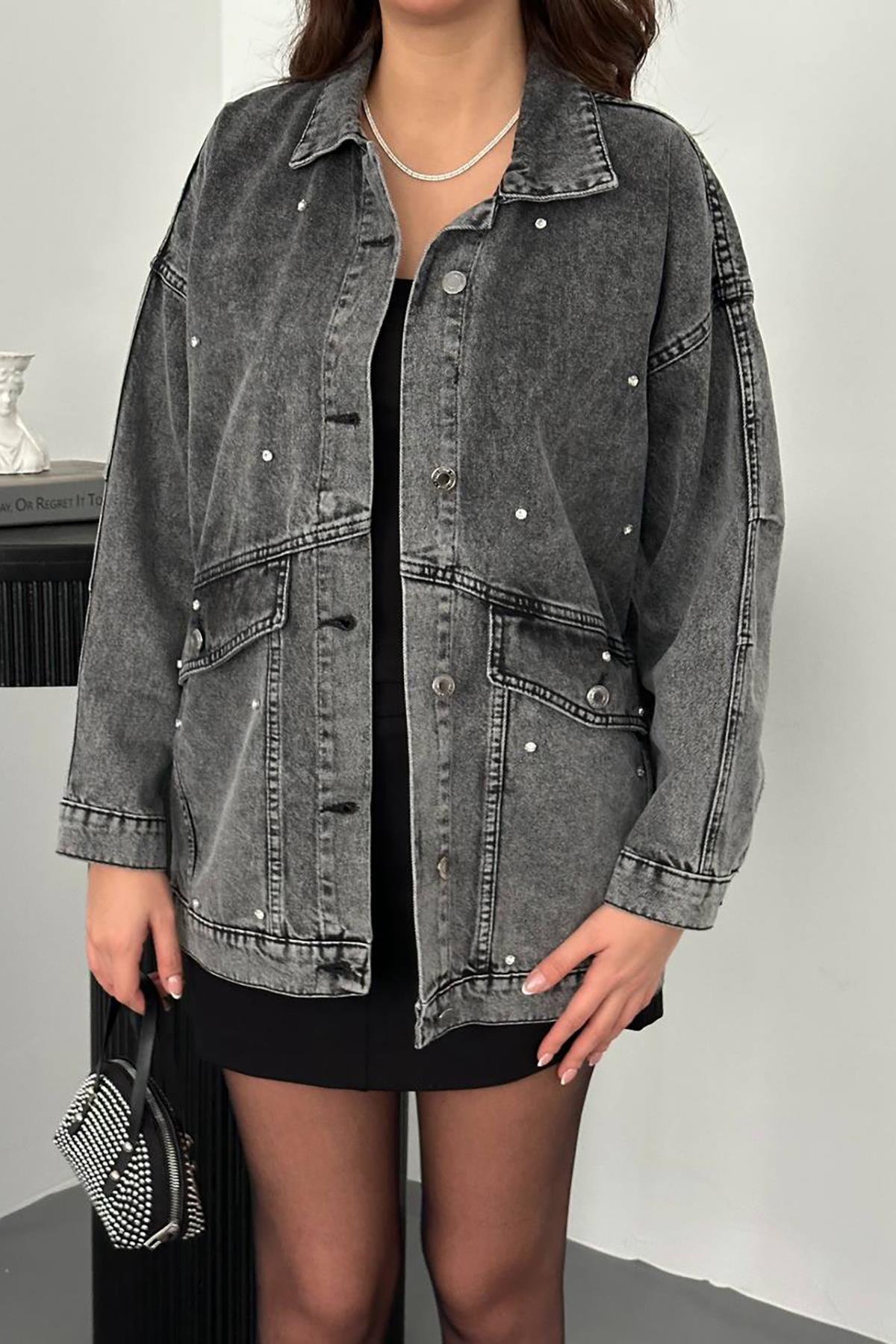 Toptan Siyah Taşlı Kot Ceket