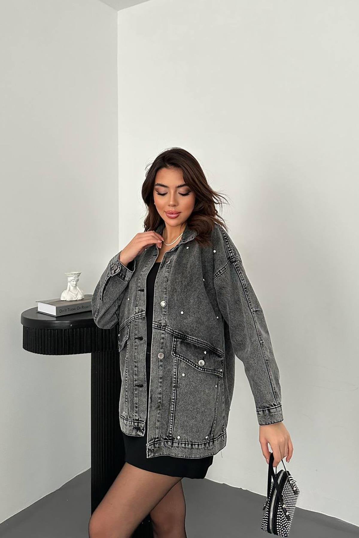 Toptan Siyah Taşlı Kot Ceket