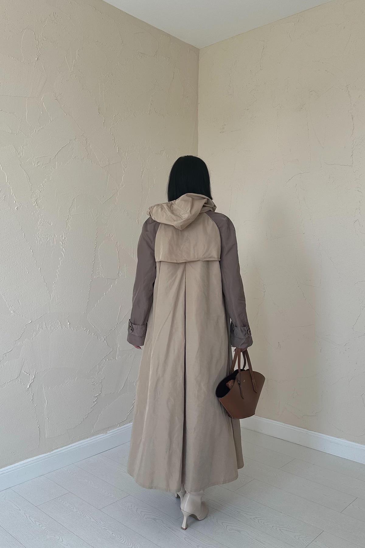 Toptan Taba Kapüşonlu Uzun Trençkot