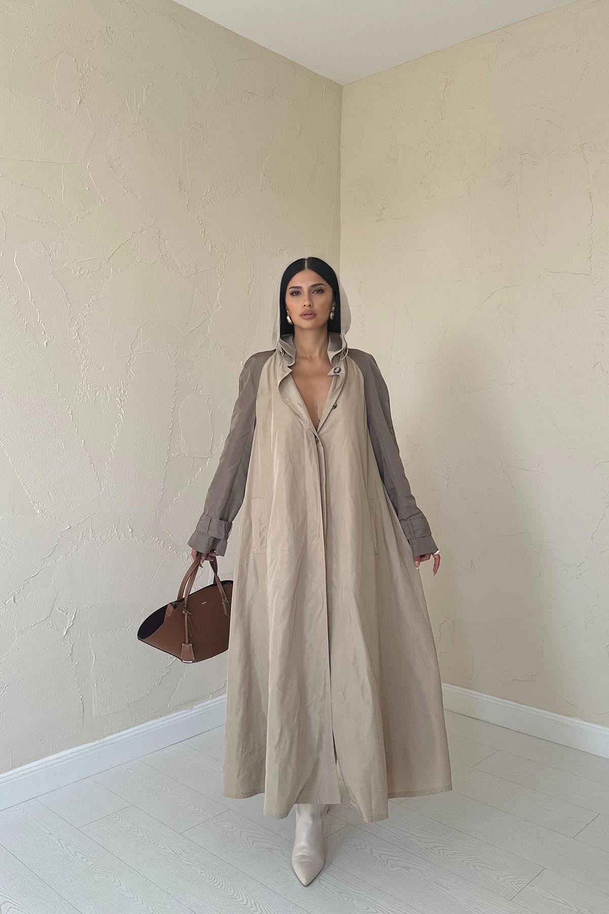 Toptan Taba Kapüşonlu Uzun Trençkot