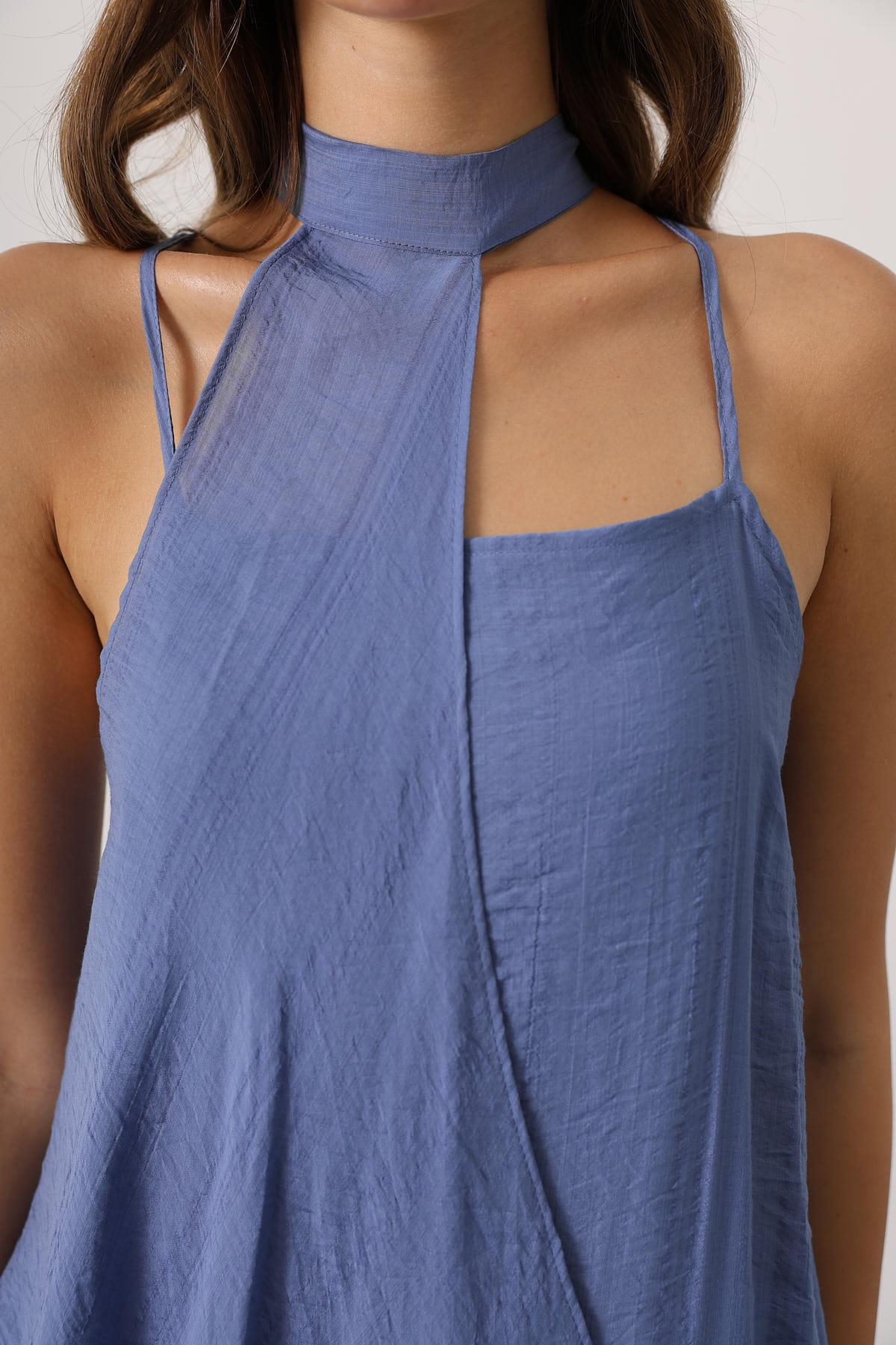 Asimetrik Bağlamalı Uzun Bohem Elbise - İndigo