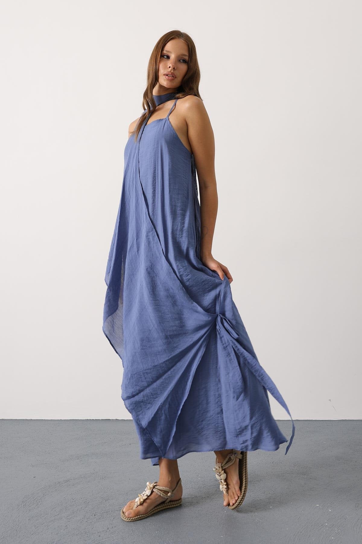 Asimetrik Bağlamalı Uzun Bohem Elbise - İndigo