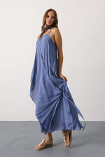Asimetrik Bağlamalı Uzun Bohem Elbise - İndigo