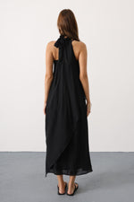 Asimetrik Bağlamalı Uzun Bohem Elbise - Siyah