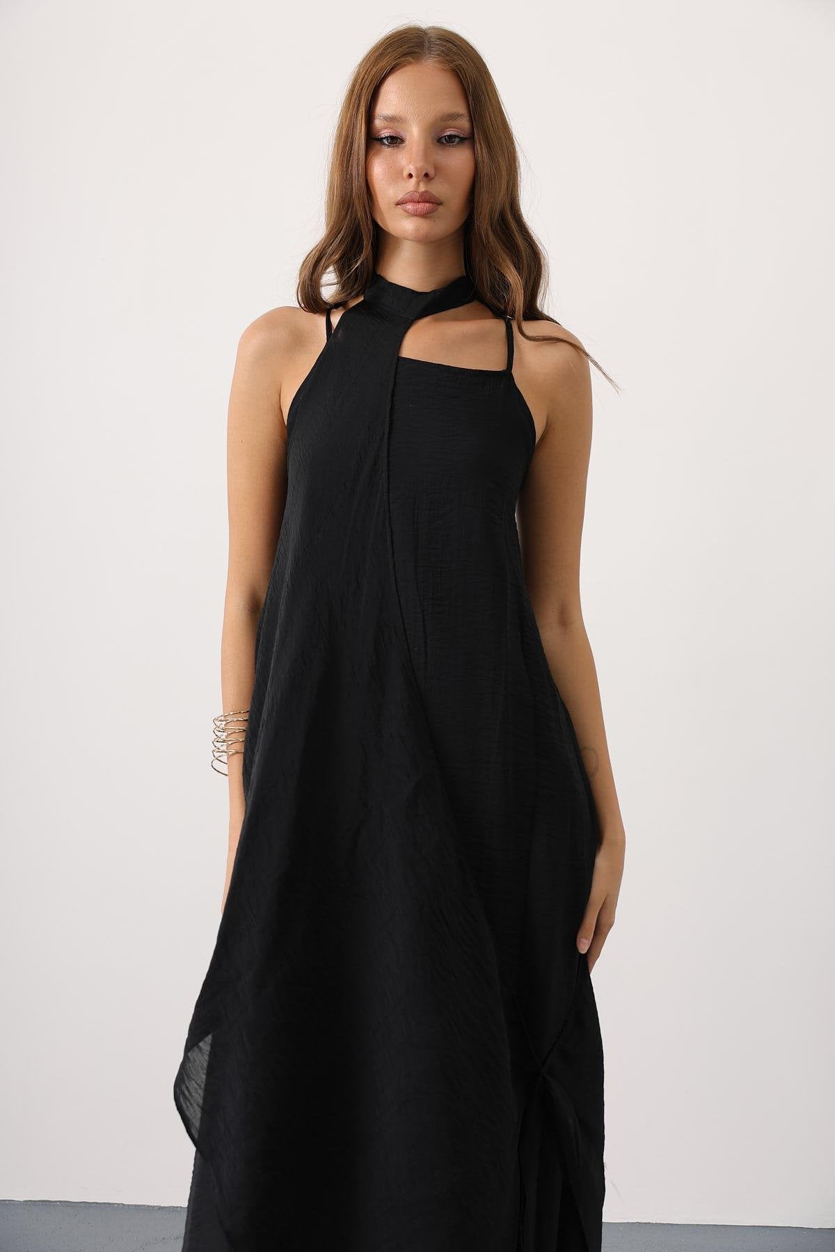 Asimetrik Bağlamalı Uzun Bohem Elbise - Siyah