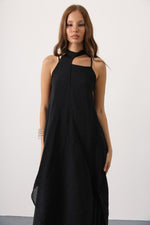 Asimetrik Bağlamalı Uzun Bohem Elbise - Siyah