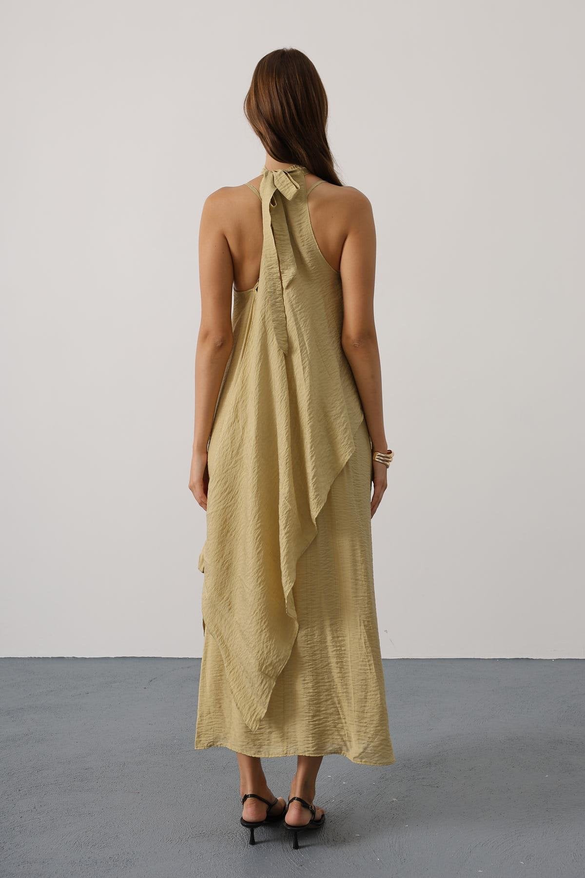 Asimetrik Bağlamalı Uzun Bohem Elbise - Yağ Yeşili