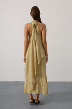 Asimetrik Bağlamalı Uzun Bohem Elbise - Yağ Yeşili