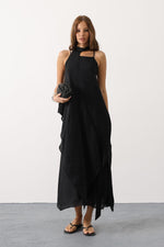 Asimetrik Bağlamalı Uzun Bohem Elbise - Siyah