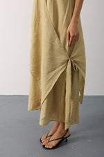 Asimetrik Bağlamalı Uzun Bohem Elbise - Yağ Yeşili