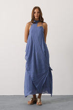 Asimetrik Bağlamalı Uzun Bohem Elbise - İndigo