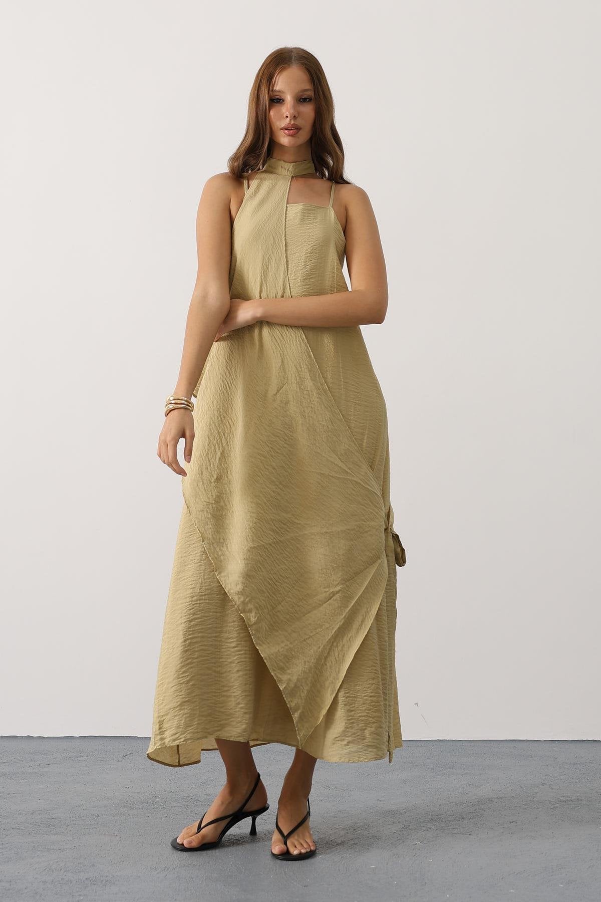 Asimetrik Bağlamalı Uzun Bohem Elbise - Yağ Yeşili