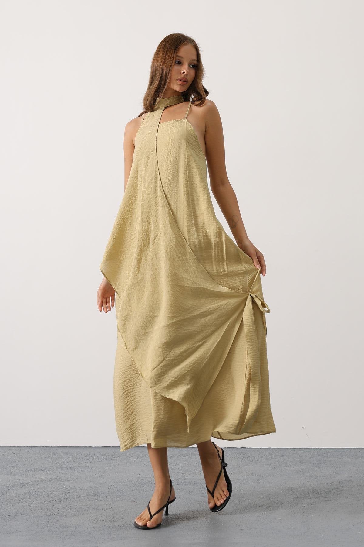 Asimetrik Bağlamalı Uzun Bohem Elbise - Yağ Yeşili