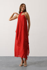 Asimetrik Bağlamalı Uzun Bohem Elbise - Kırmızı