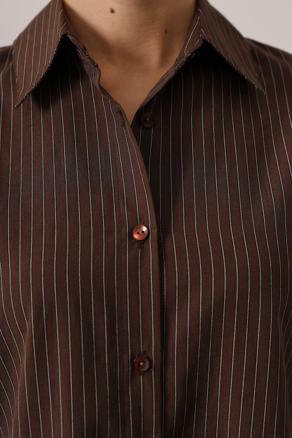 ÇİZGİLİ OVERSİZE GÖMLEK - Kahve