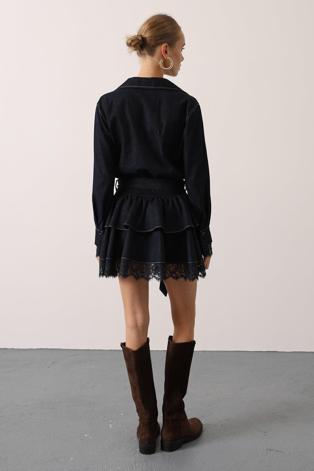 DANTELLİ KEMER DETAY DENİM ELBİSE - Lacivert