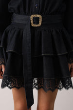 DANTELLİ KEMER DETAY DENİM ELBİSE - Lacivert