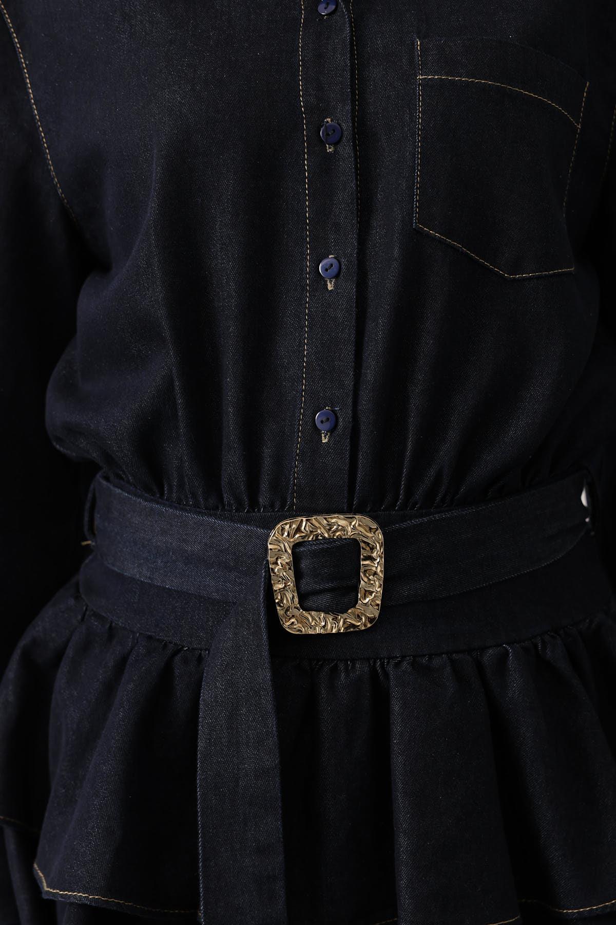 DANTELLİ KEMER DETAY DENİM ELBİSE - Lacivert