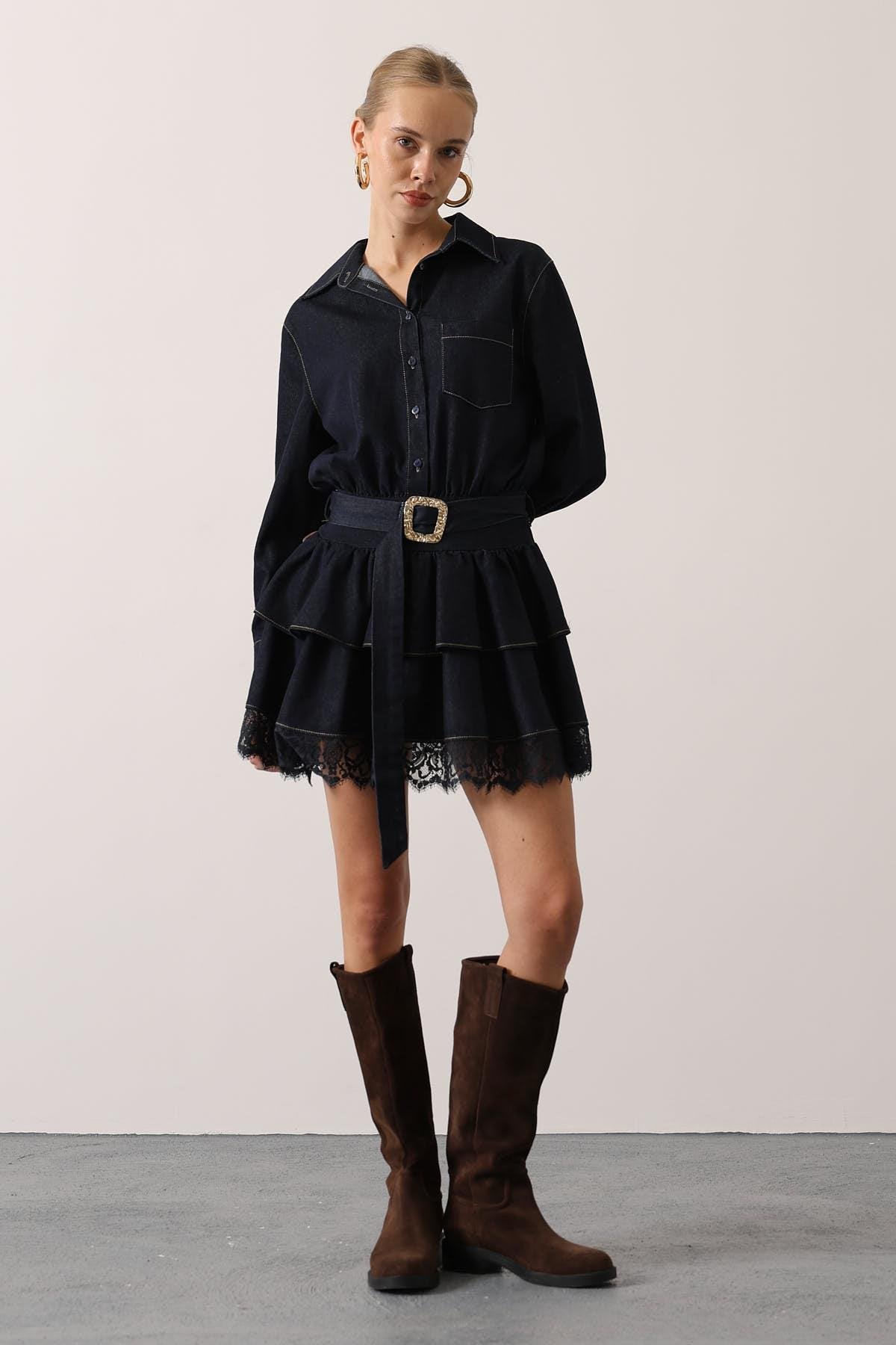 DANTELLİ KEMER DETAY DENİM ELBİSE - Lacivert