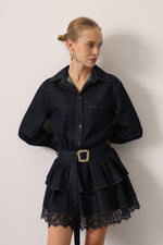 DANTELLİ KEMER DETAY DENİM ELBİSE - Lacivert