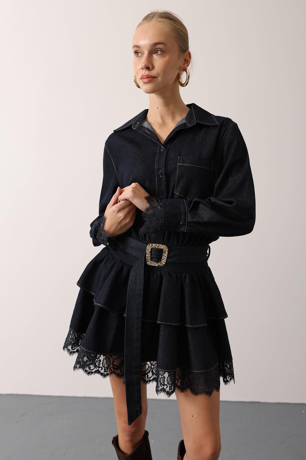 DANTELLİ KEMER DETAY DENİM ELBİSE - Lacivert