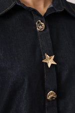 GOLD DETAYLI OVERSİZE DENİM GÖMLEK - Lacivert