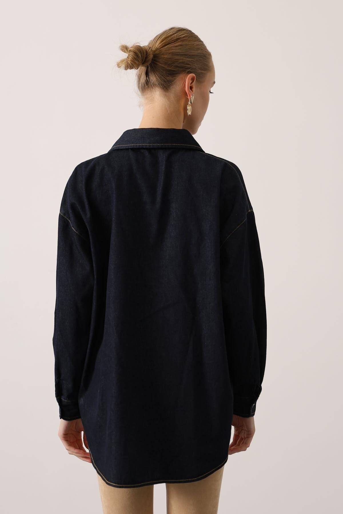 GOLD DETAYLI OVERSİZE DENİM GÖMLEK - Lacivert