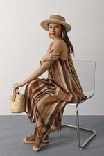 Kolye Detaylı Çizgili Elbise - Kahve