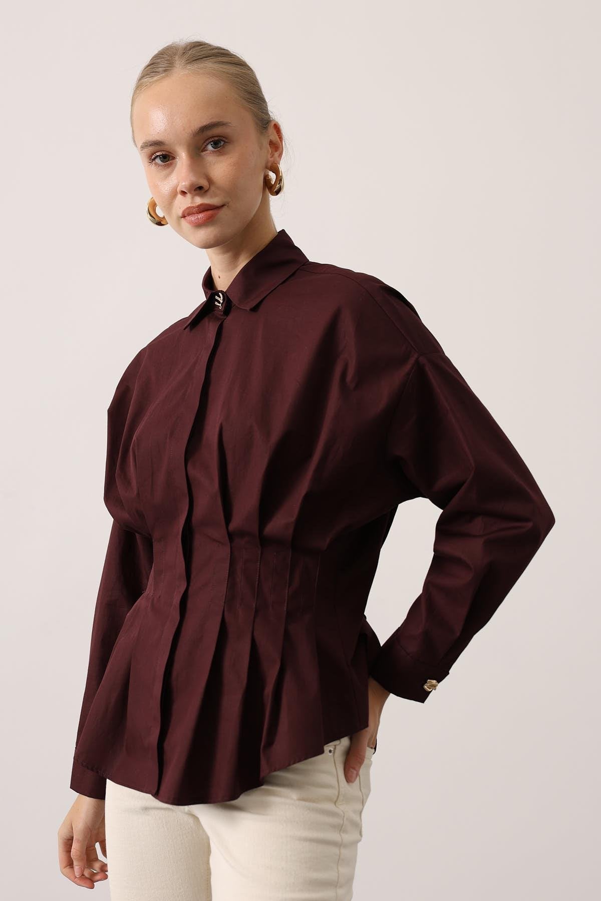 PİLELİ GOLD DETAYLI GÖMLEK - Bordo