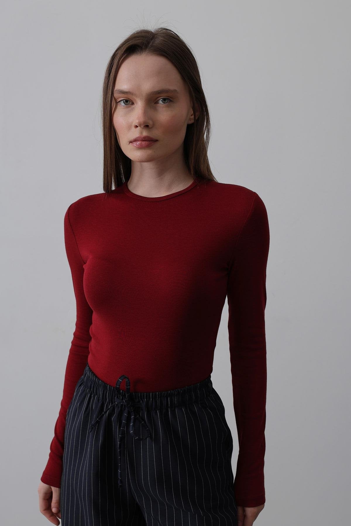 Uzun Kol Crop Top - Bordo