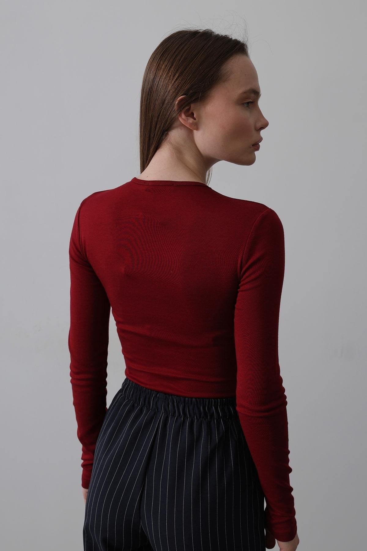 Uzun Kol Crop Top - Bordo