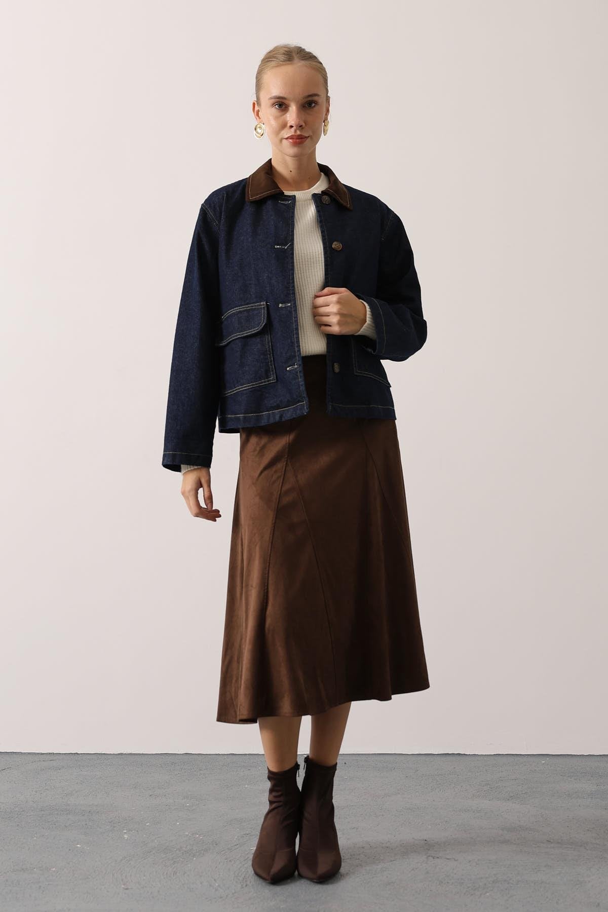 YAKASI KONTRAST DENİM OVERSİZE CEKET - Lacivert