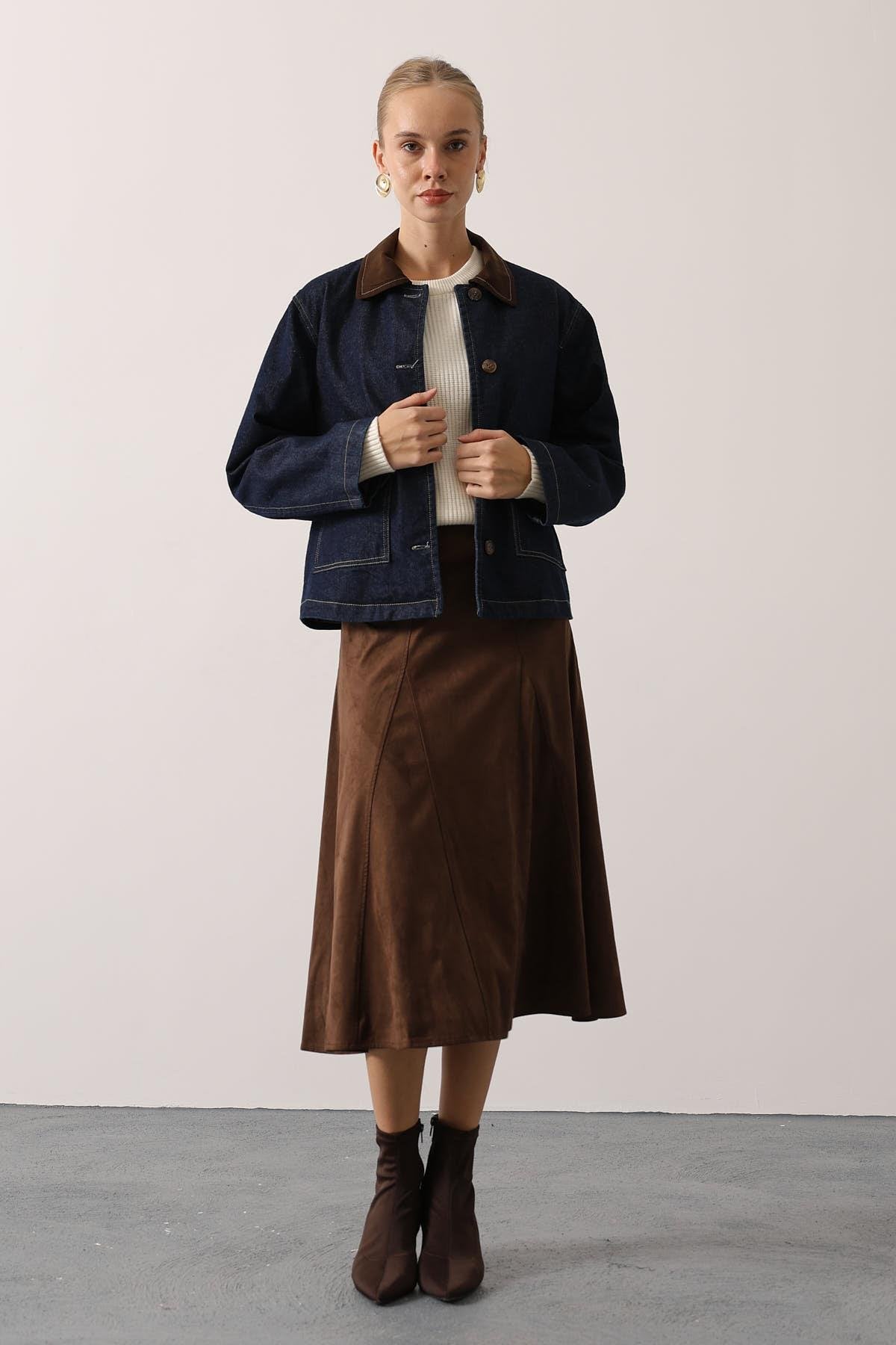 YAKASI KONTRAST DENİM OVERSİZE CEKET - Lacivert