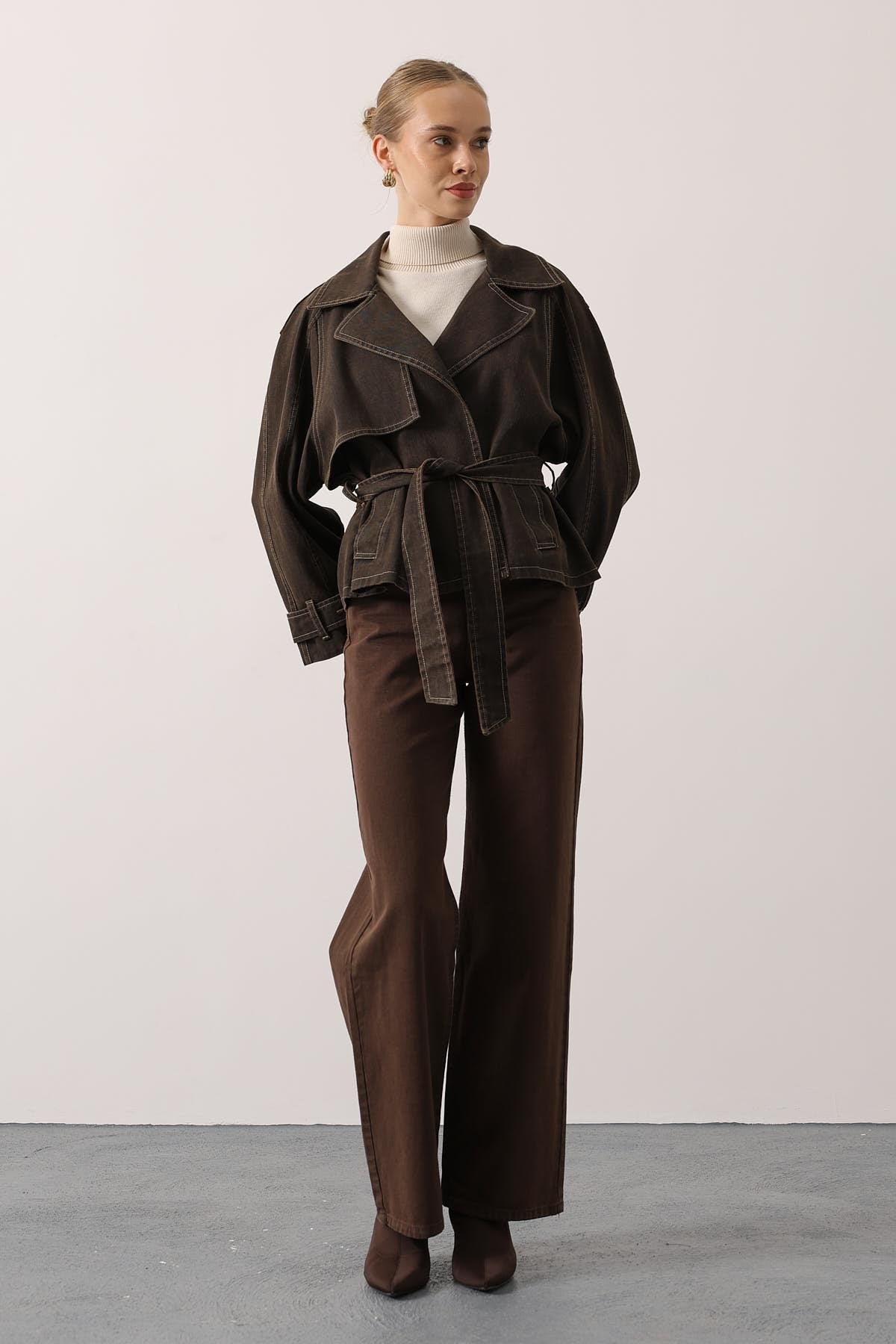 YIKAMA EFEKTLİ BAĞLAMALI DENİM CEKET - Kahve