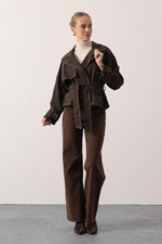 YIKAMA EFEKTLİ BAĞLAMALI DENİM CEKET - Kahve