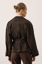 YIKAMA EFEKTLİ BAĞLAMALI DENİM CEKET - Kahve